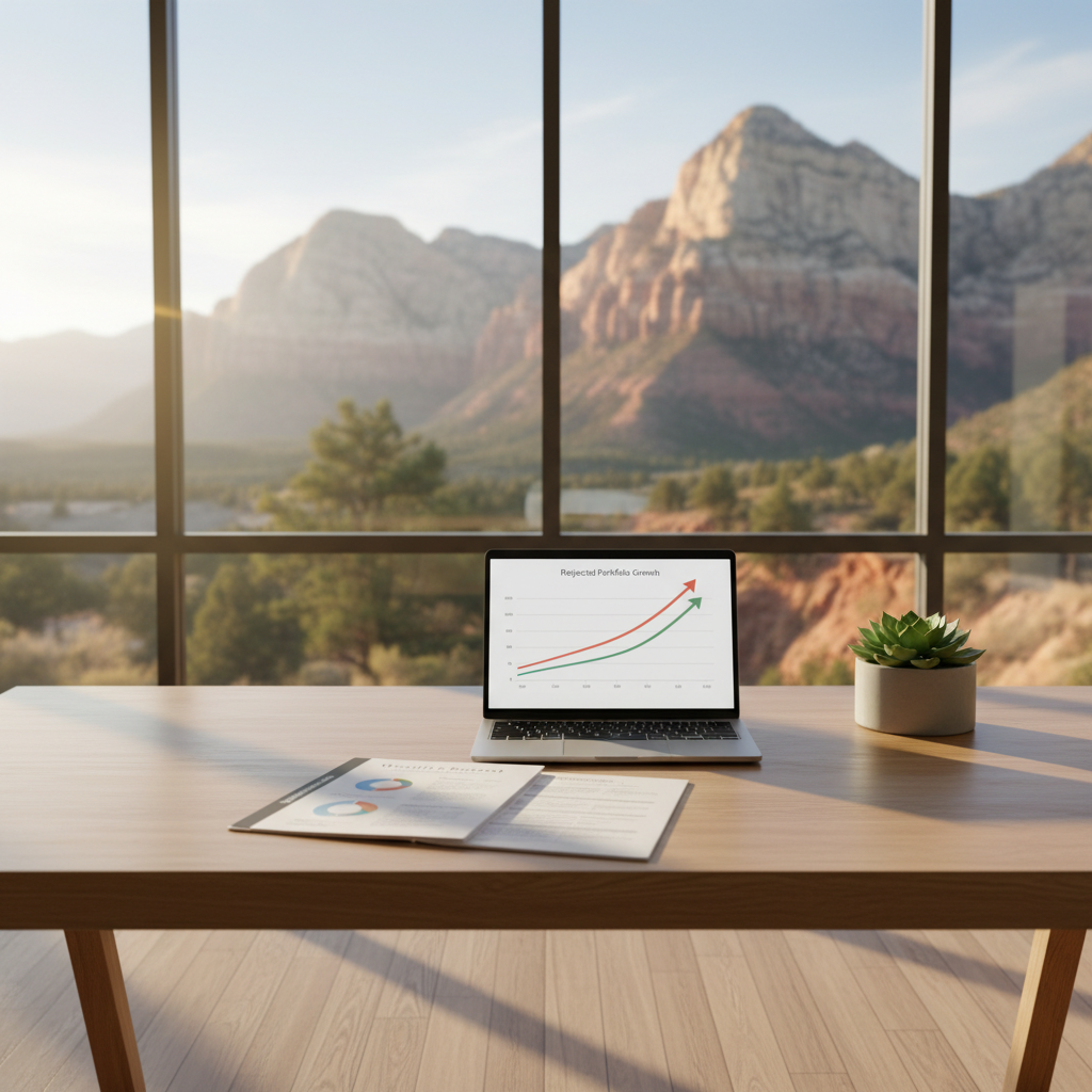 A warm, professional financial planning scene set against a backdrop of Utah mountain landscape visible through a large window. A clean oak desk with a financial planning document, a sleek laptop showing a retirement growth chart, and a small succulent plant. Soft natural morning light streams in, casting gentle shadows. The mood is calm, secure, and forward-looking — conveying trust, long-term planning, and financial peace of mind. No people or logos. Photographic realism, modern aesthetic, eye-level angle with moderate depth of field.